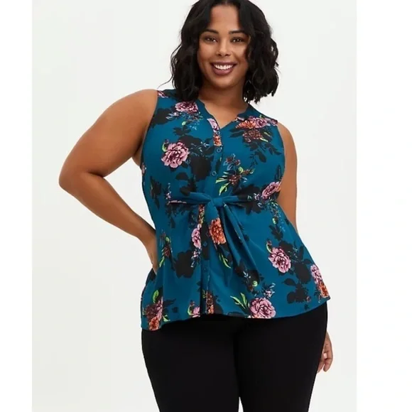 Torrid 5 PEPLUM TIE FRONT SLEEVELESS BLOUSE - GEORGETTE FLORAL TEAL - Picture 1 of 5